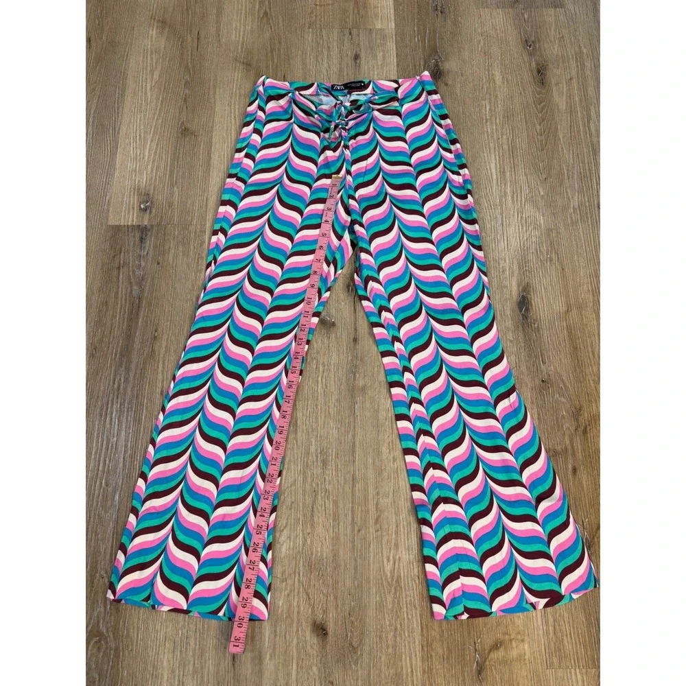 Zara Flare Pants Womens Medium Multicolor Psychedelic‎ Wavy Print Lace Up Retro